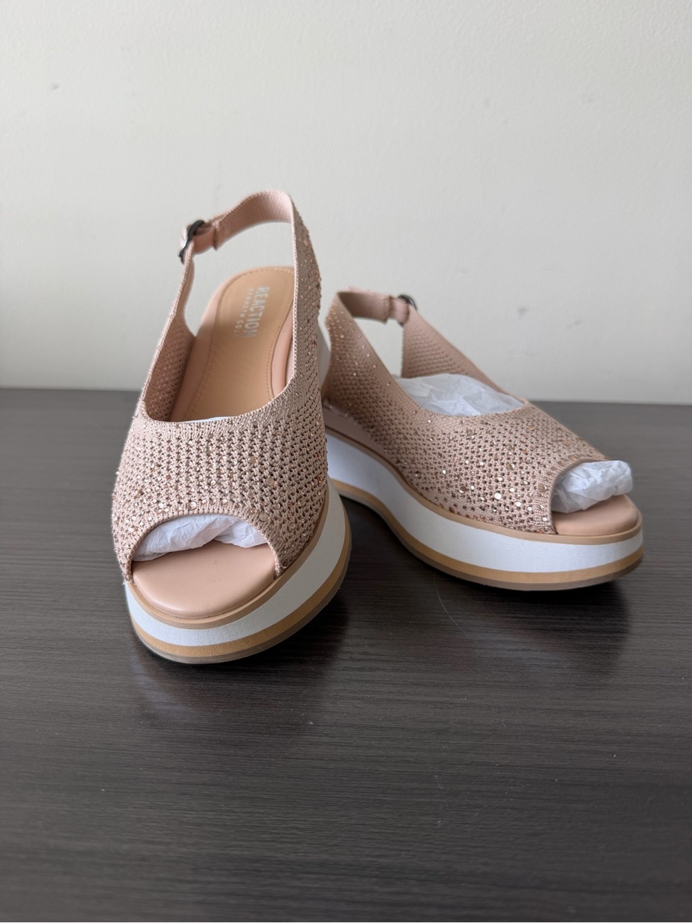 Kenneth Cole Reaction Dynasty Platform Wedge Sandals Rhinestone Toasted Almond 6